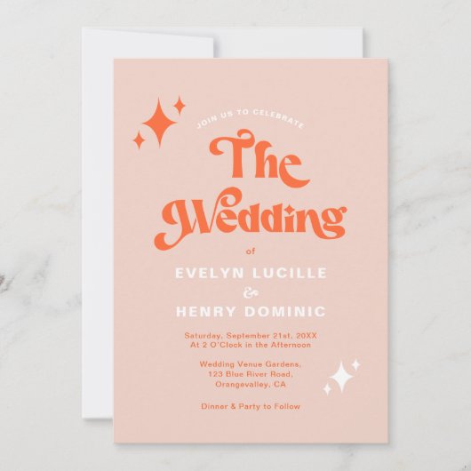 Retro Modern Groovy Script Soft Orange Wedding Einladung (Vorderseite)