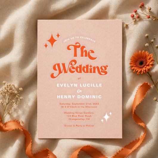 Retro Modern Groovy Script Soft Orange Wedding Einladung