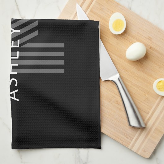 Retro Modern Name/s Editable Monogramm Schwarz & G Geschirrtuch (Viertel Falte)