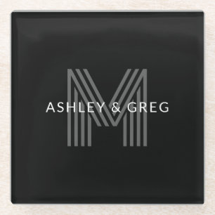 Retro Modern Name/s Editable Monogramm Schwarz & G Glasuntersetzer