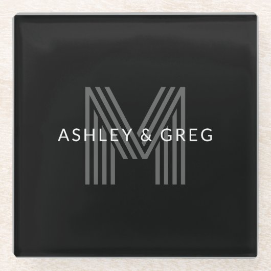 Retro Modern Name/s Editable Monogramm Schwarz & G Glasuntersetzer (Vorderseite)