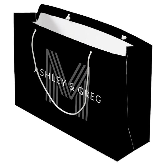 Retro Modern Name/s Editable Monogramm Schwarz & G Große Geschenktüte (Rückseite Schrägansicht)