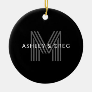 Retro Modern Name/s Editable Monogramm Schwarz & G Keramik Ornament