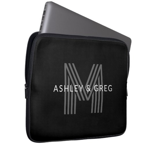 Retro Modern Name/s Editable Monogramm Schwarz & G Laptopschutzhülle (Vorne Rechts)