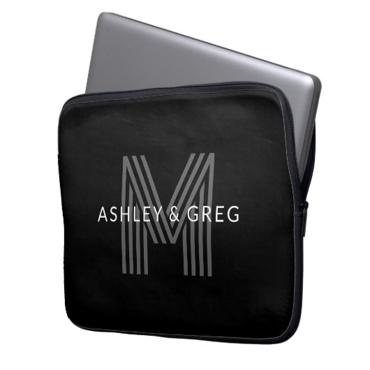 Retro Modern Name/s Editable Monogramm Schwarz & G Laptopschutzhülle (Vorderseite Links)