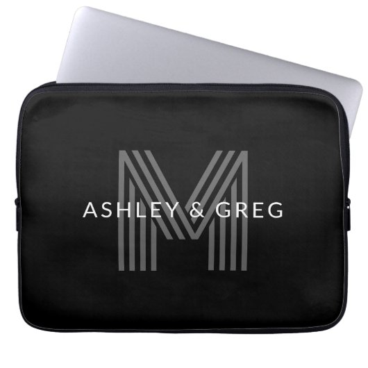 Retro Modern Name/s Editable Monogramm Schwarz & G Laptopschutzhülle (Vorderseite)