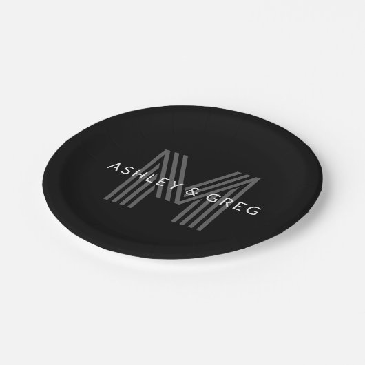Retro Modern Name/s Editable Monogramm Schwarz & G Pappteller (Schrägansicht)