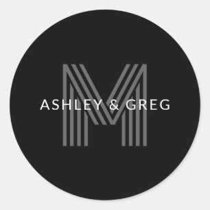 Retro Modern Name/s Editable Monogramm Schwarz & G Runder Aufkleber