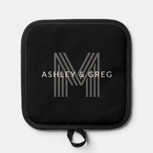 Retro Modern Name/s Editable Monogramm Schwarz & G Topflappen
