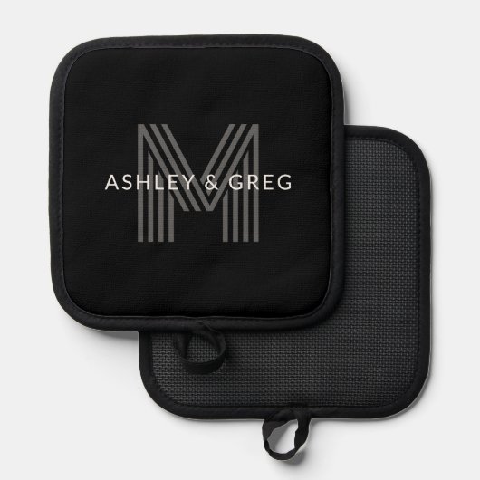 Retro Modern Name/s Editable Monogramm Schwarz & G Topflappen (Vorderseite/Rückseite)