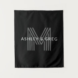 Retro Modern Name/s Editable Monogramm Schwarz & G Wandteppich