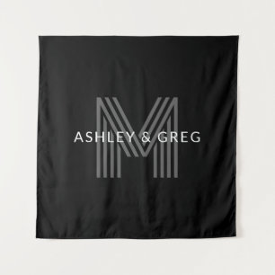 Retro Modern Name/s Editable Monogramm Schwarz & G Wandteppich