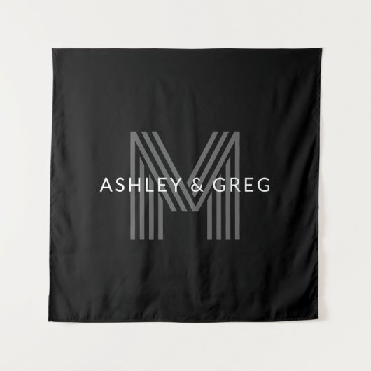 Retro Modern Name/s Editable Monogramm Schwarz & G Wandteppich (Vorderseite)