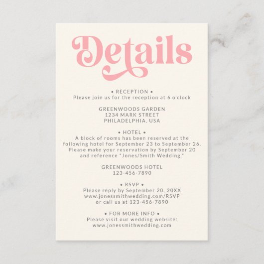 Retro Modern Pastel Wedding Details Begleitkarte (Vorderseite)