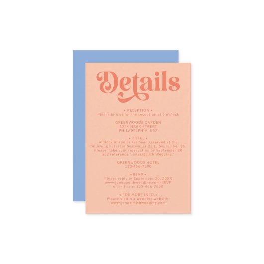 Retro Modern Peach and Blue Wedding Details Begleitkarte (Vorderseite/Rückseite Beispiel)