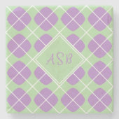 Retro Modern Purple Green Argyle Monogram Steinuntersetzer (Vorderseite)