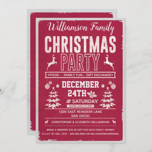 Retro Modern Red Family Christmas Party Einladung (Vorne/Hinten)