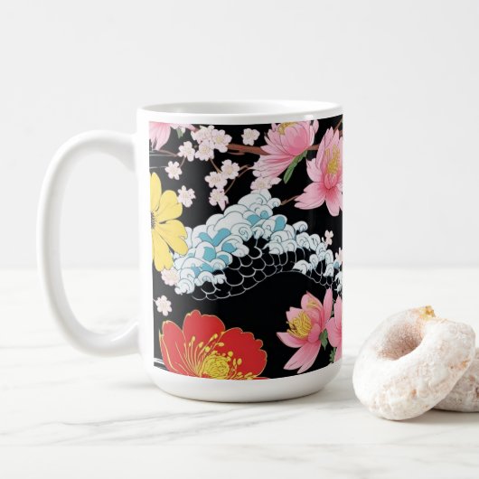 Retro Modern Seigaiha Sakura Flowers Japan party Kaffeetasse (Mit Donut)