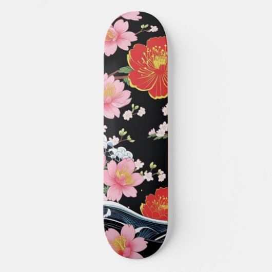 Retro Modern Seigaiha Sakura Flowers Japan party Skateboard (Vorderseite)
