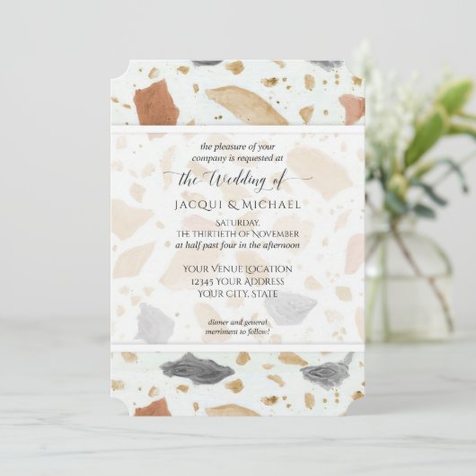 Retro Modern Terrazzo Abstrakte Hochzeit Einladung (Stehend Vorderseite)