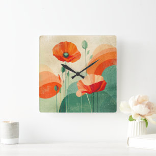 Retro-Moderne Abstrakte Mohn-Blumen-Kunst Quadratische Wanduhr