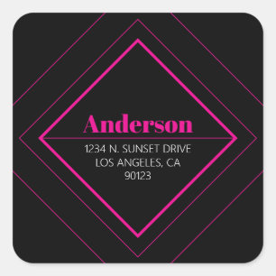 Retro-Moderne Art Deco Rosa und schwarze Adresse Quadratischer Aufkleber
