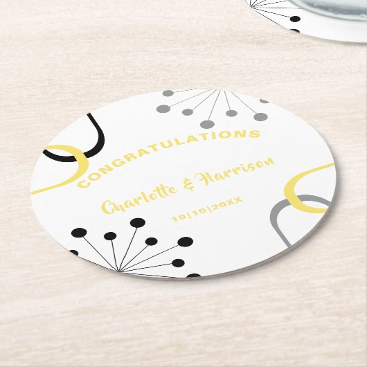 Retro Moderne atomare Sternexplosion-Hochzeit des Runder Pappuntersetzer (Angewinkelt)