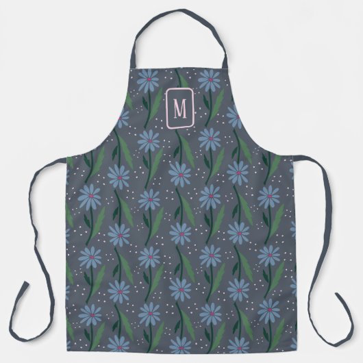 Retro moderne blaue Daisy-Monogramm-Mood Cottageco Schürze (Vorderseite)