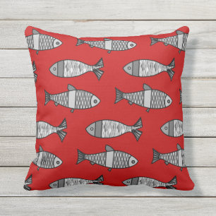 Retro moderne Fische drucken, rot und Grau/Grau Kissen Für Draußen