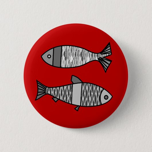 Retro moderne Fische, tiefrot und Grau/Grau Button (Vorderseite)