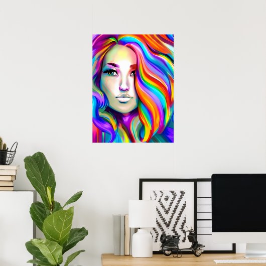 Retro Moderne Frau mit Regenbogenhaar Poster (Heimbüro)