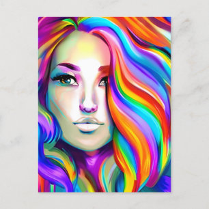 Retro Moderne Frau mit Regenbogenhaar Postkarte