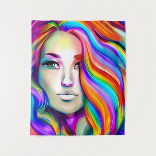Retro Moderne Frau mit Regenbogenhaar Wandteppich (Vorderseite)