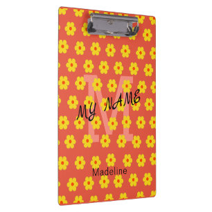Retro moderne gelbe orangefarbene Blumen Monogramm Klemmbrett