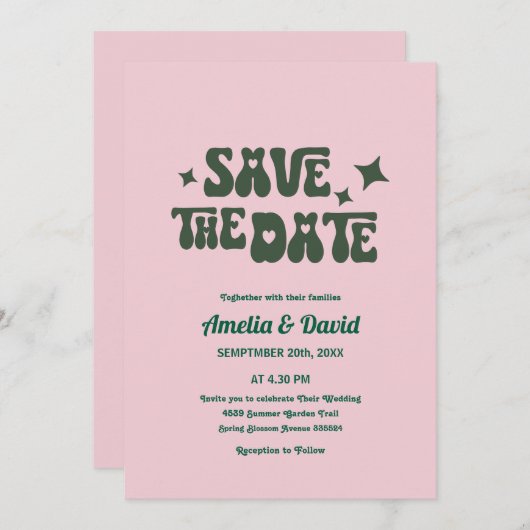 Retro moderne Groovy rosa, grüne Hochzeitseinladun Einladung (Vorne/Hinten)