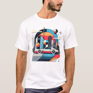 Retro Moderne Kunst Geometrisches Auto Grafik Weiß T-Shirt