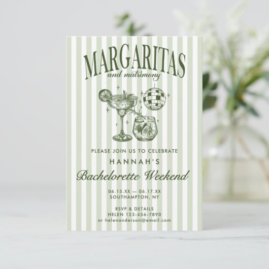 Retro Moderne Margaritas und Matrimone Striped Bac Einladung (Stehend Vorderseite)