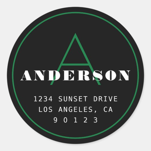 Retro-Moderne Monogramm-Adresse | Schwarz-Weiß Runder Aufkleber (Vorderseite)