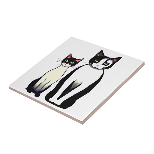 Retro Moderne schwarze und weiße Katze und Kitten Fliese (Seite)