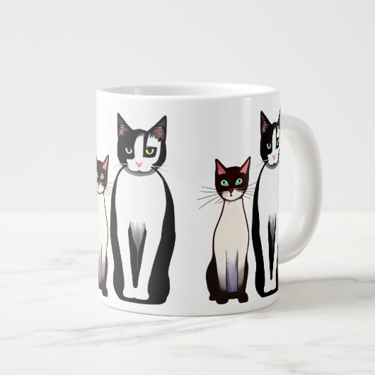 Retro Moderne schwarze und weiße Katze und Kitten Jumbo-Tasse (Vorderseite Rechts)