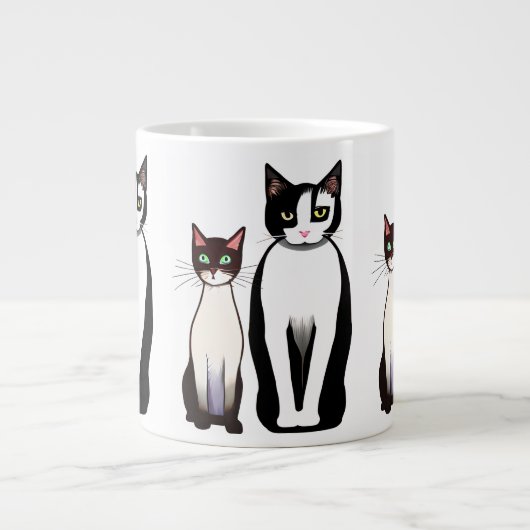 Retro Moderne schwarze und weiße Katze und Kitten Jumbo-Tasse (Vorderseite)