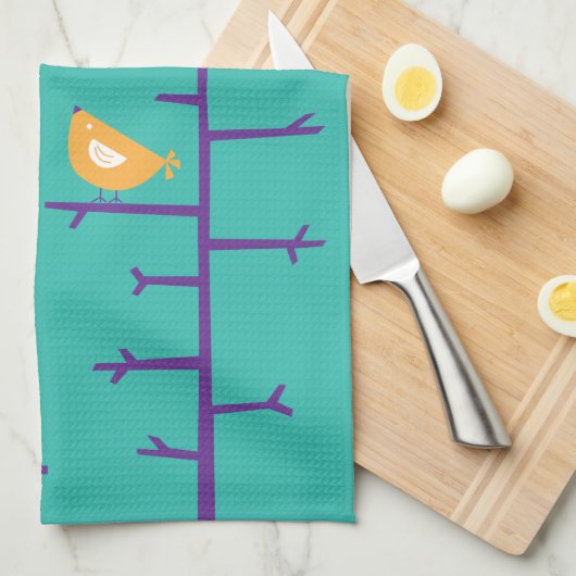 Retro Moderne Vögel auf Baumzweigen Geschirrtuch (Viertel Falte)