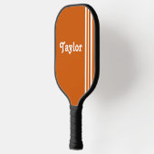 Retro Moderne weiße Streifen Orange Personalisiert Pickleball Schläger (Links)