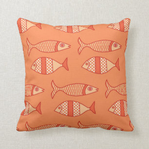 Retro moderner Fisch-Druck, korallenrote Orange u. Kissen