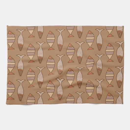 Retro Moderner Fisch, Tan, Beige und leicht braun Geschirrtuch (Horizontal)