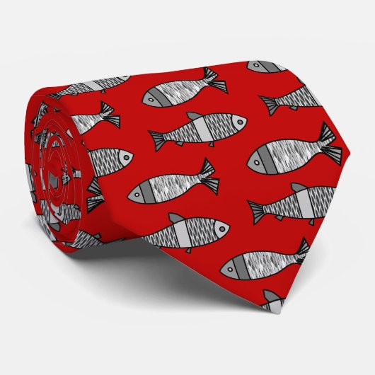 Retro Moderner Fisch, tiefrot und grau / grau Krawatte (Gerollt)