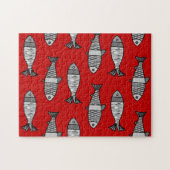 Retro Moderner Fisch, tiefrot und grau / grau Puzzle (Horizontal)