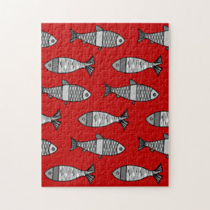 Retro Moderner Fisch, tiefrot und grau / grau Puzzle