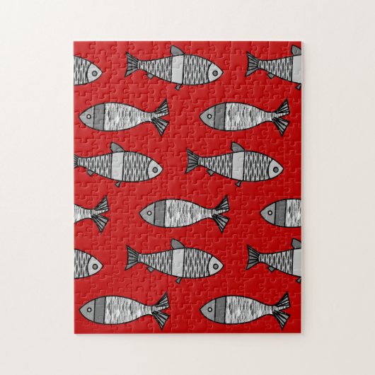Retro Moderner Fisch, tiefrot und grau / grau Puzzle (Vertikal)