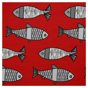 Retro Moderner Fisch, tiefrot und grau / grau Stoff